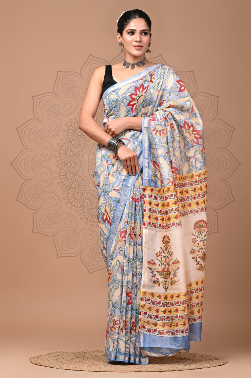 PJNV25A281 Sky Blue Pure Hand Block Printed Chanderi Silk Saree