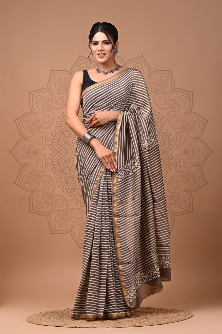 PJNV25A285 Muted Brown Pure Hand Block Printed Chanderi Silk Saree