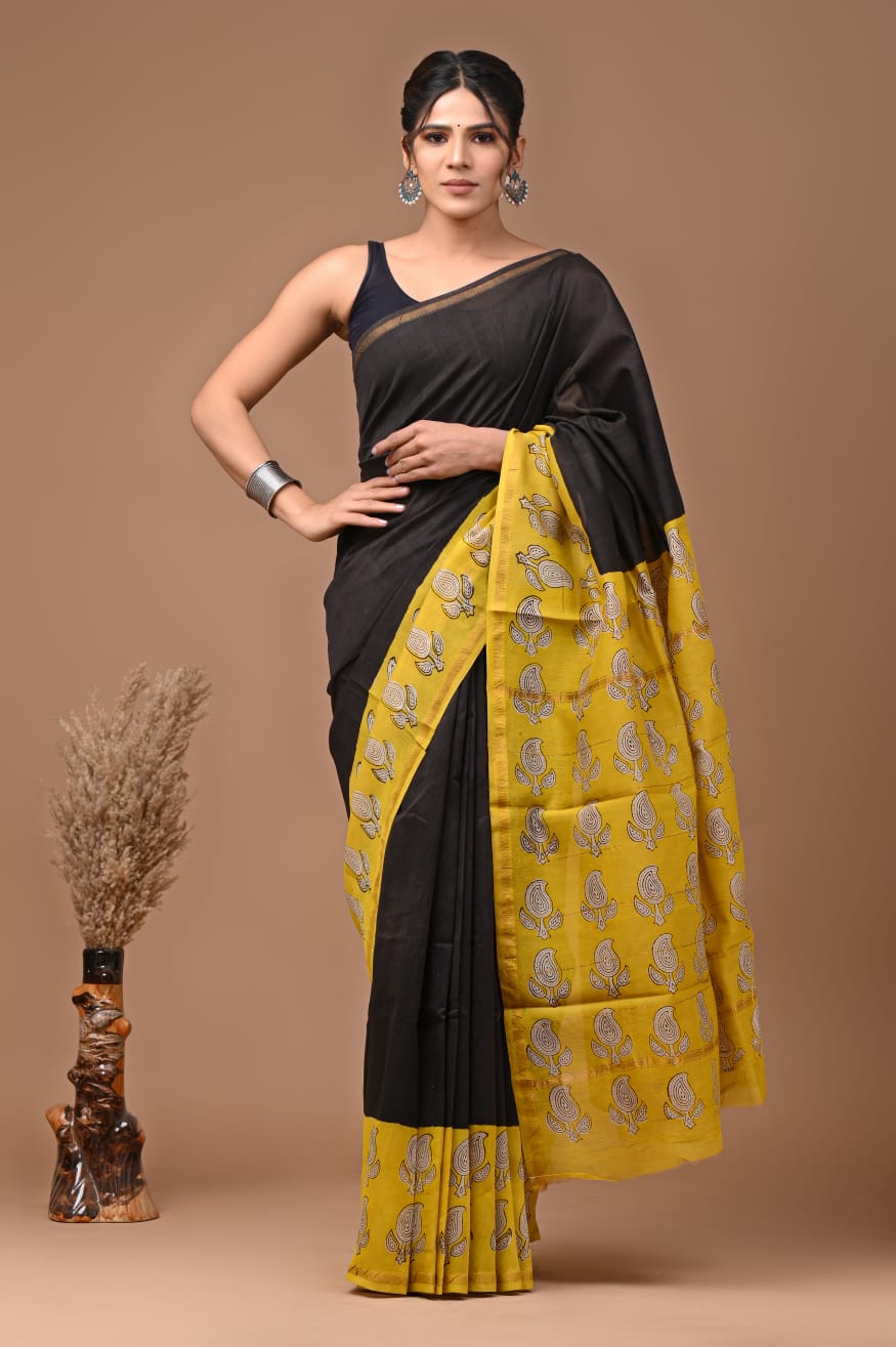 PJNV25A286 Black Pure Hand Block Printed Chanderi Silk Saree