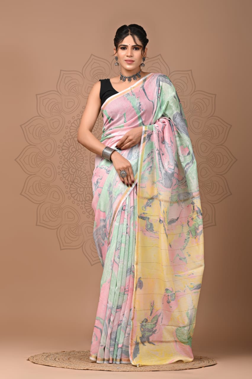 PJNV25A287 Pastel Multi-Color Pure Hand Block Printed Chanderi Silk Saree