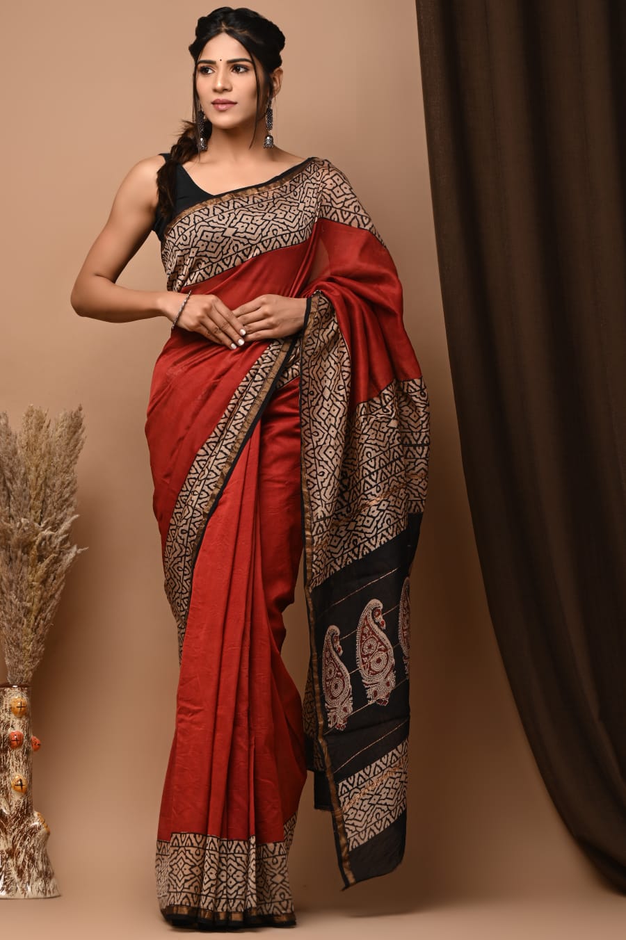PJNV25A288 Rust Maroon Pure Hand Block Printed Chanderi Silk Saree