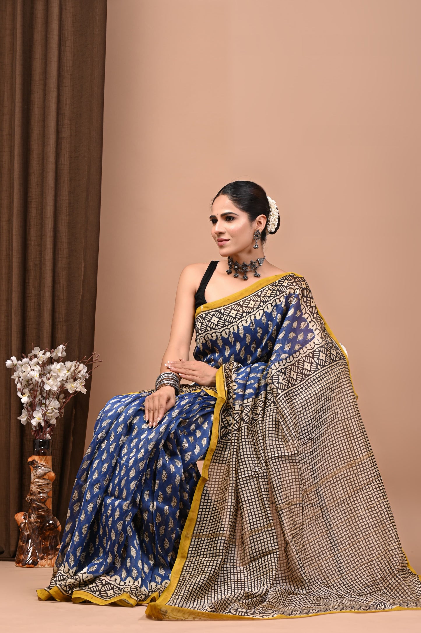 PJNV25A289 Navy Blue Pure Hand Block Printed Chanderi Silk Saree