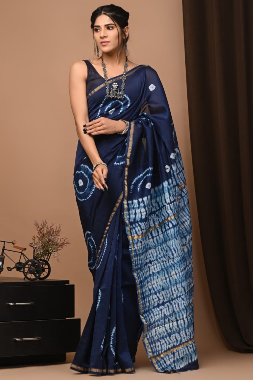 PJNV25A290 Navy Blue Pure Hand Block Printed Chanderi Silk Saree
