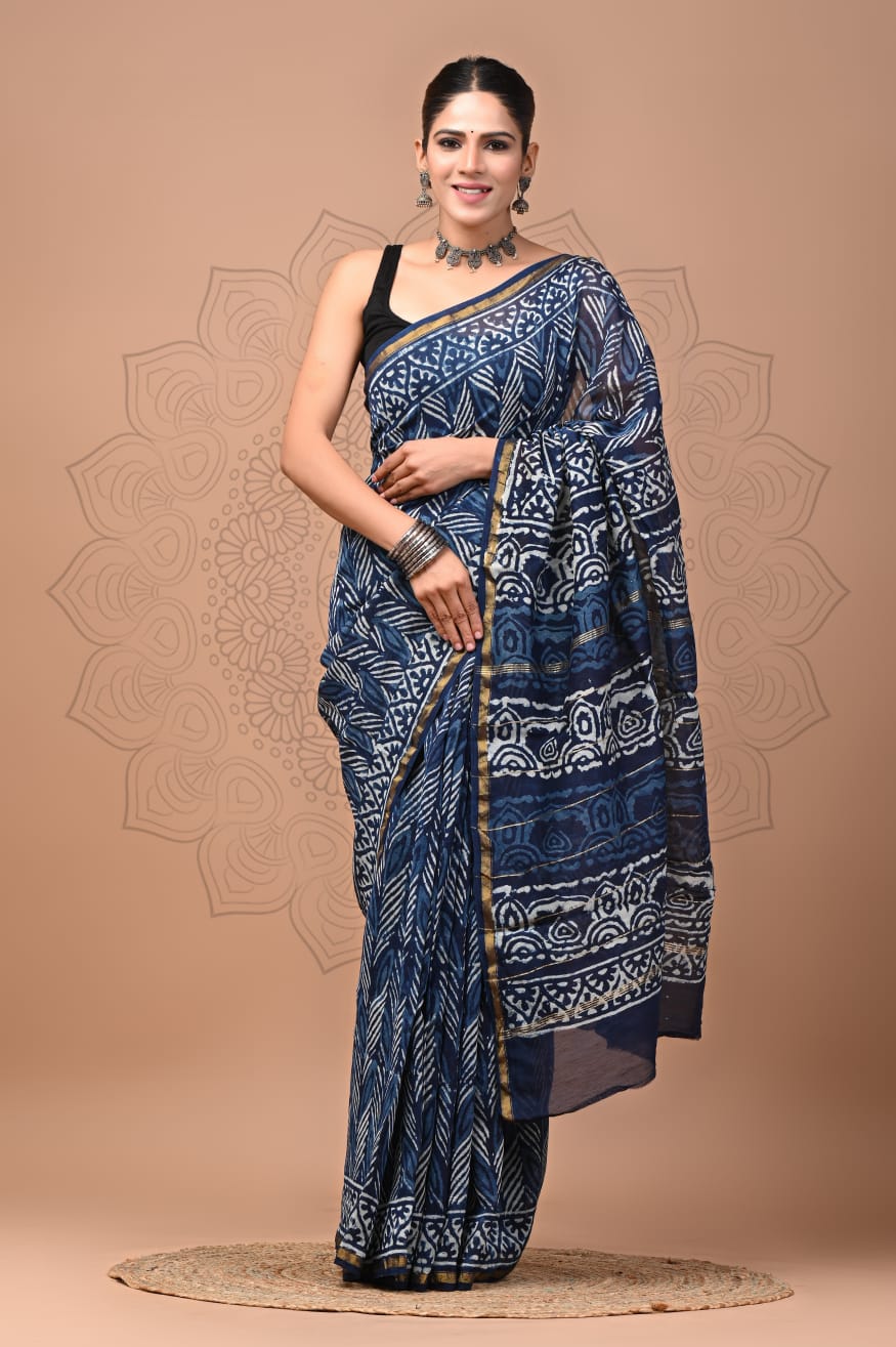 PJNV25A291 Navy Blue Pure Hand Block Printed Chanderi Silk Saree