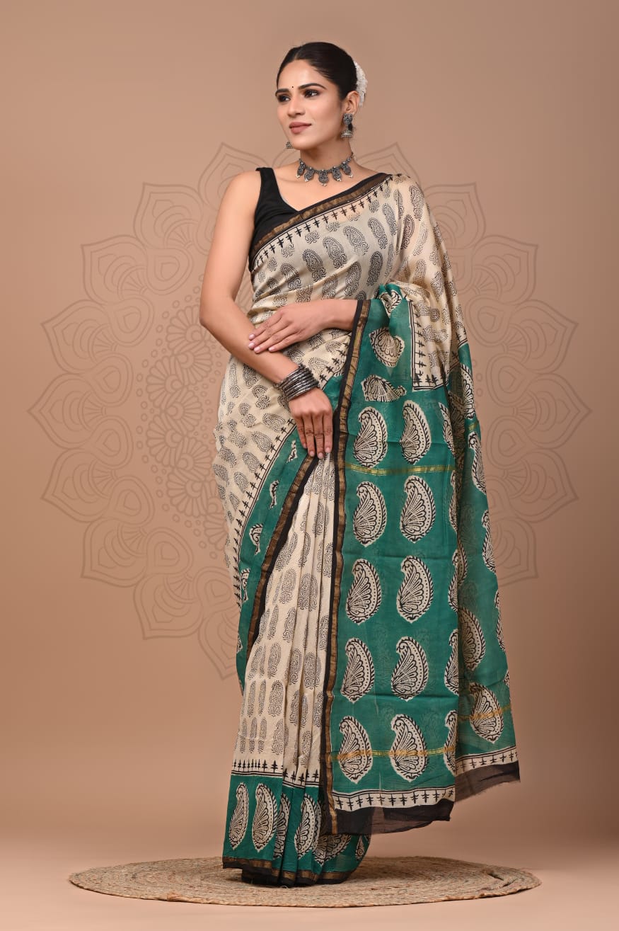 PJNV25A298 Cream Pure Hand Block Printed Chanderi Silk Saree