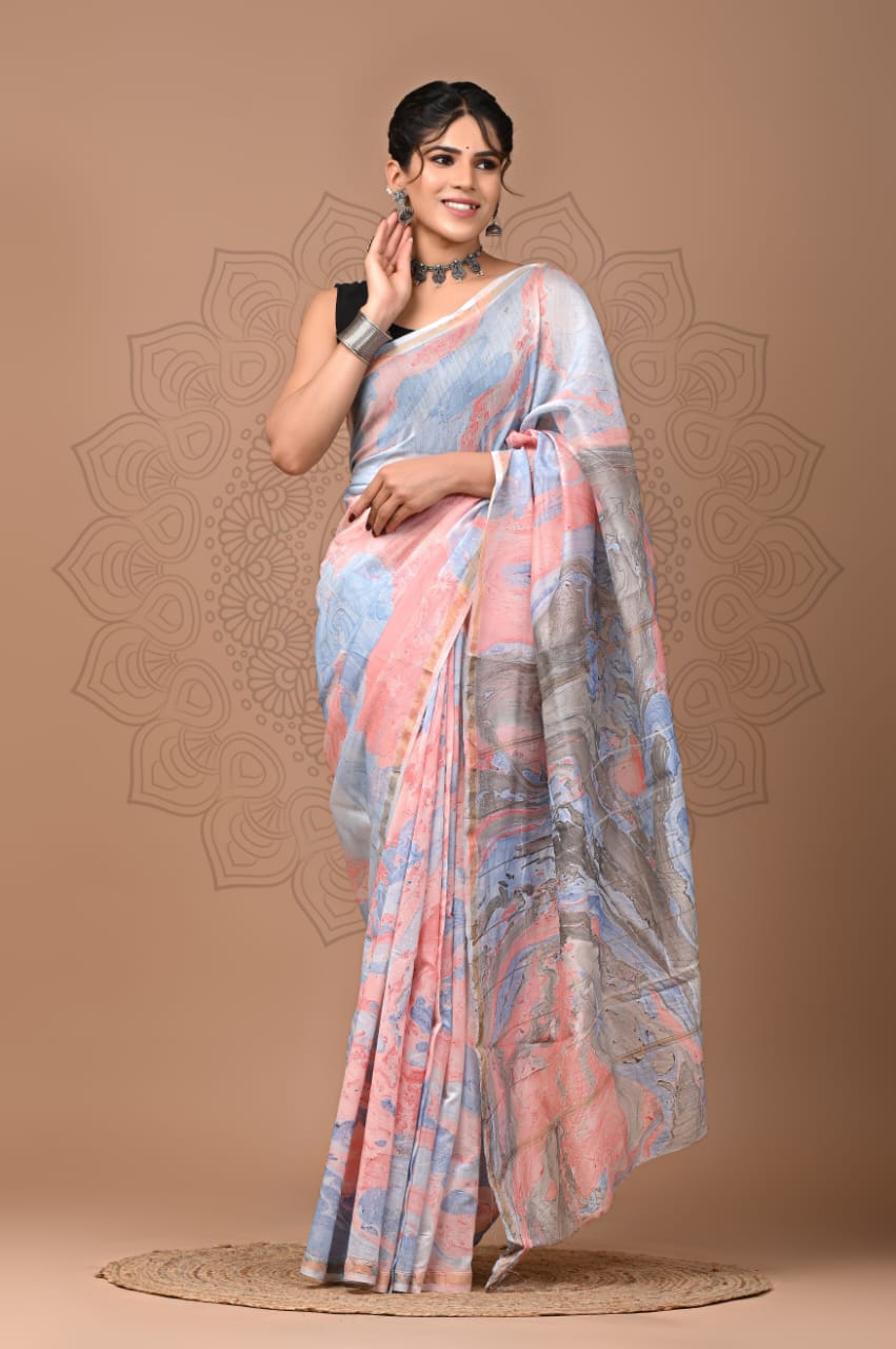 PJNV25A307 Pastel Multi-Color Pure Hand Block Printed Chanderi Silk Saree