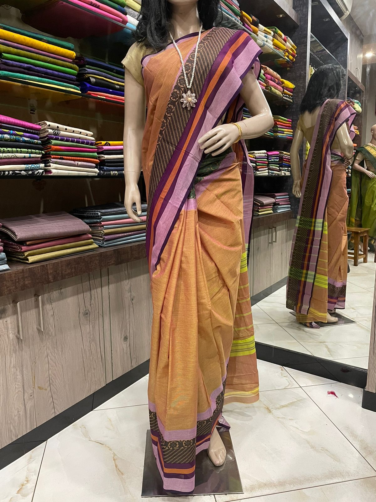SP22A001 Beige Pink Pure Handloom Chettinad Cotton Saree