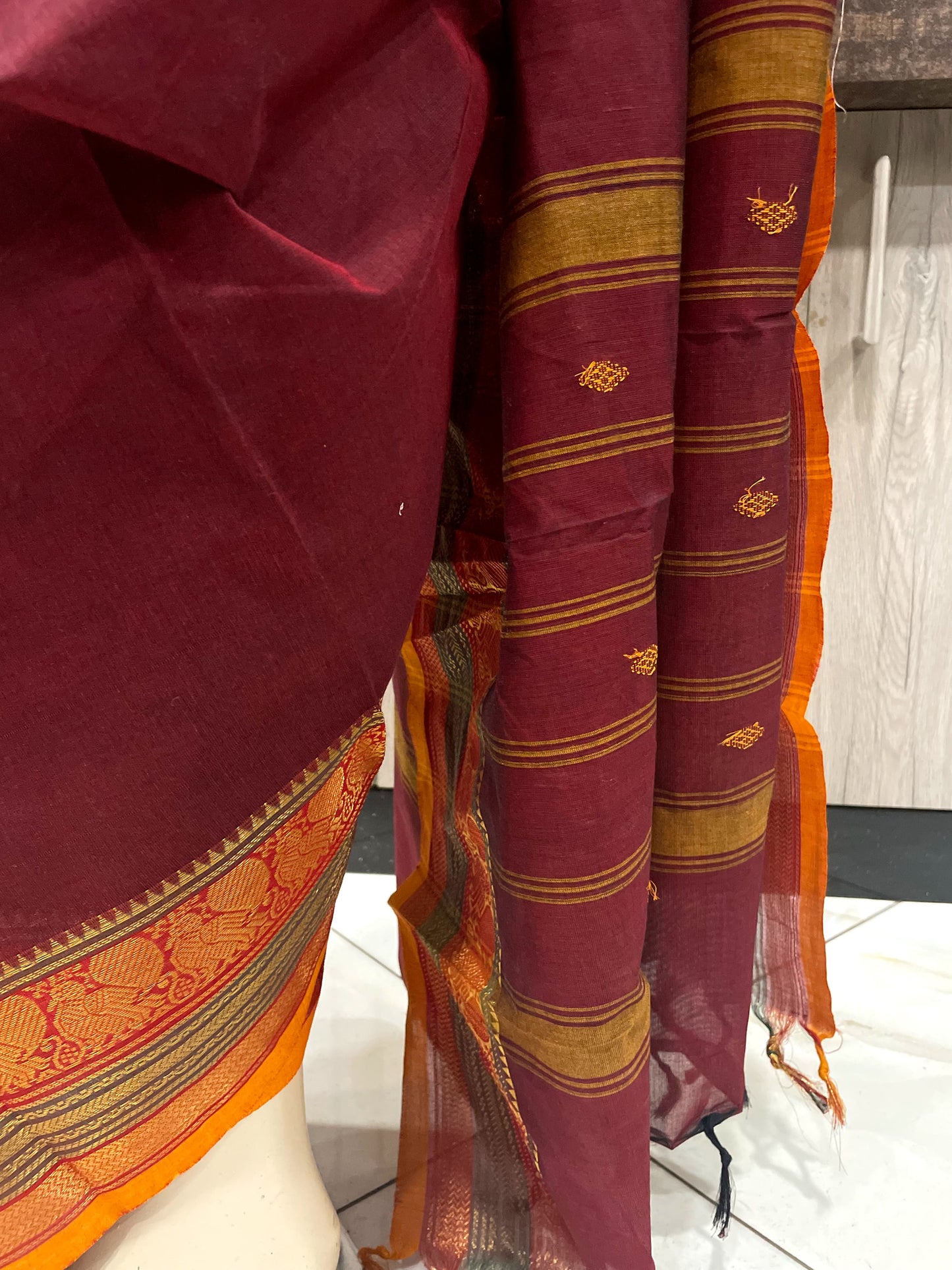 SP24A101 Maroon Yellow Pure Handloom Kanchi Cotton Saree