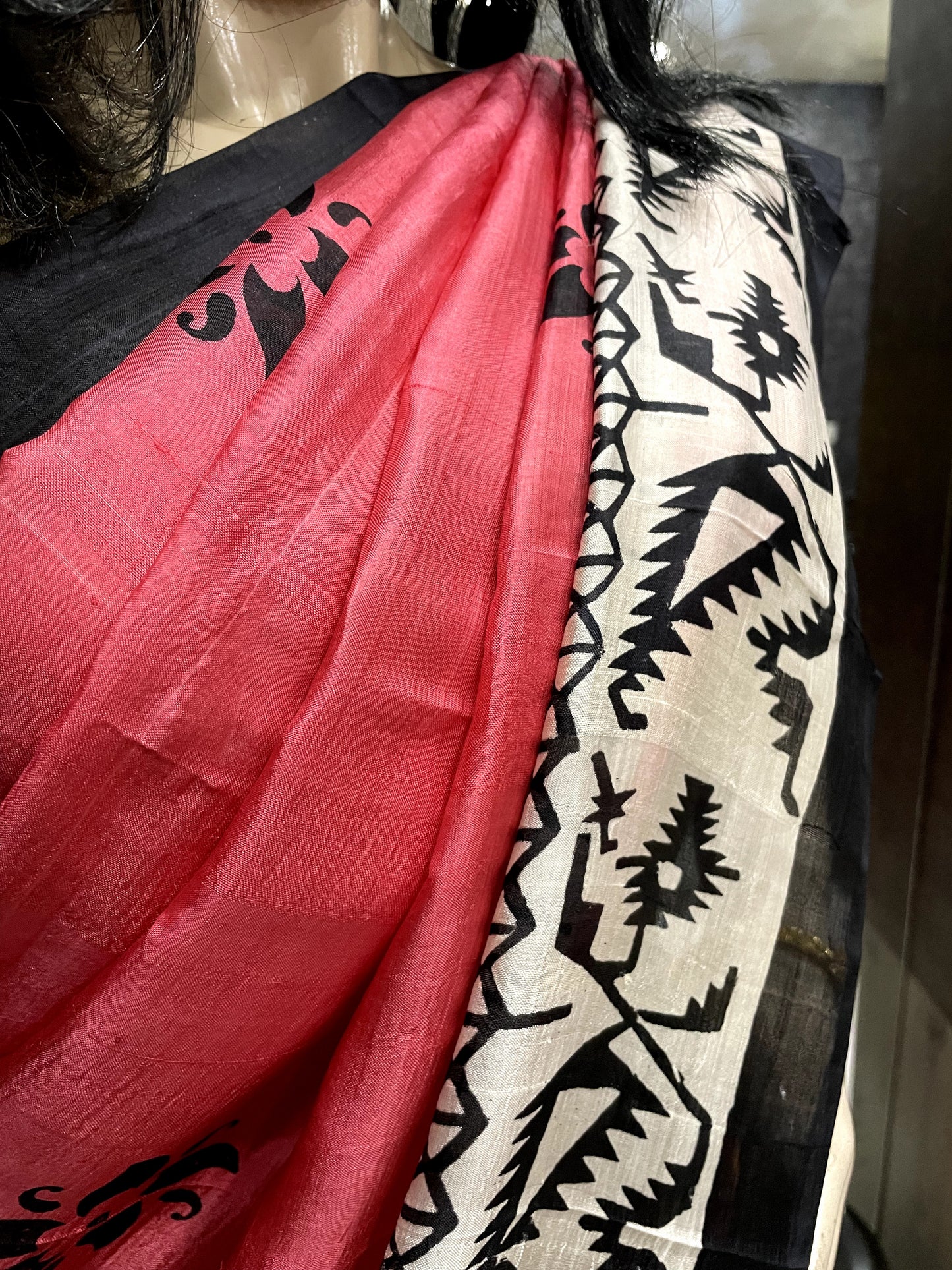 SP24A140 Peach Black Pure Bishnupuri Silk Saree