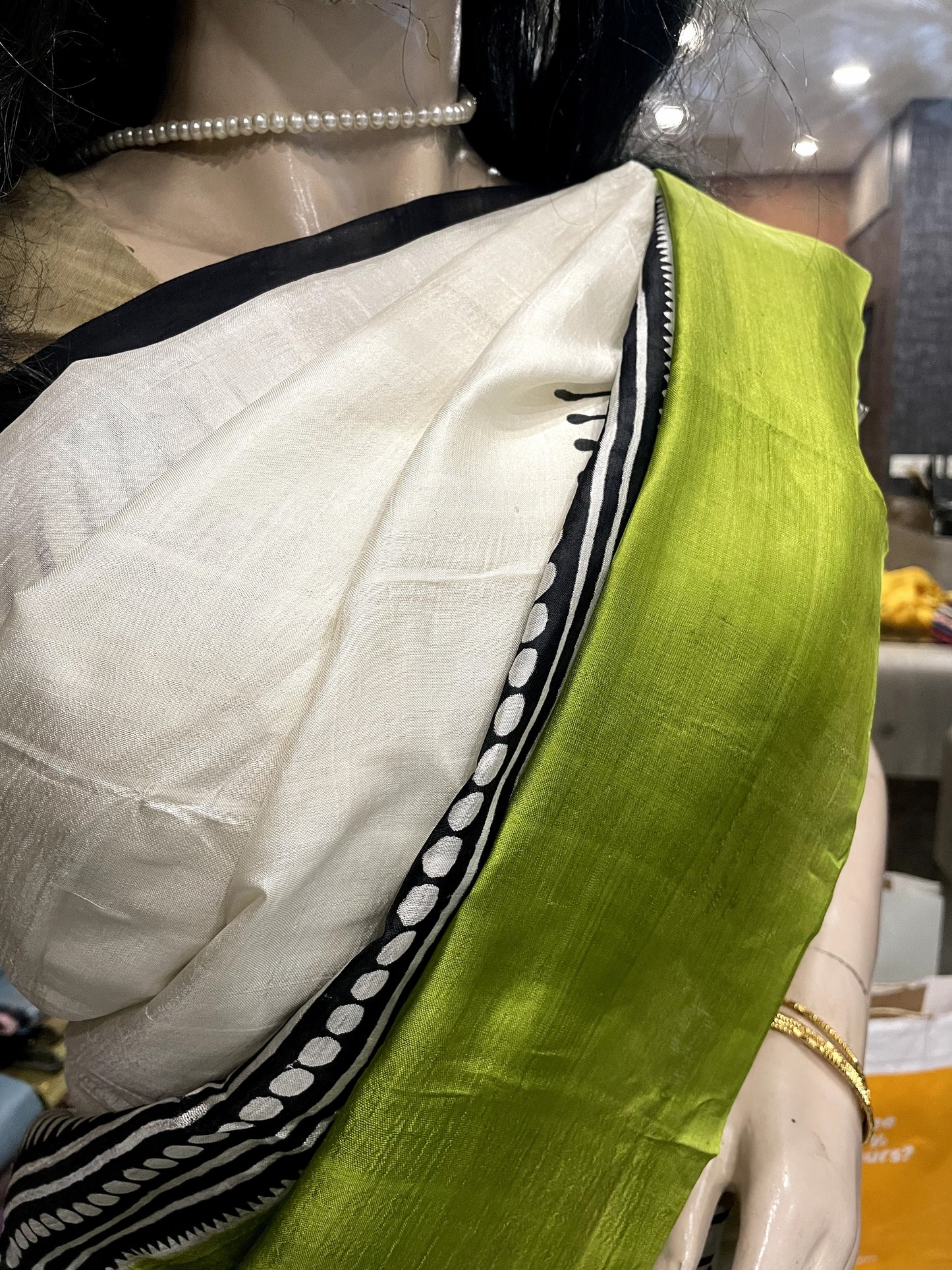 SP24A146 White Green Pure Bishnupuri Silk Saree