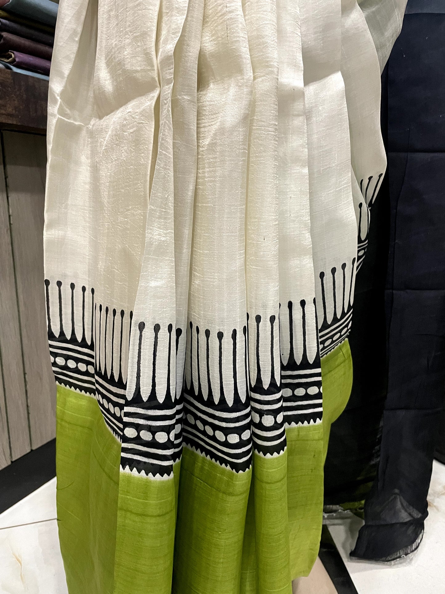 SP24A146 White Green Pure Bishnupuri Silk Saree