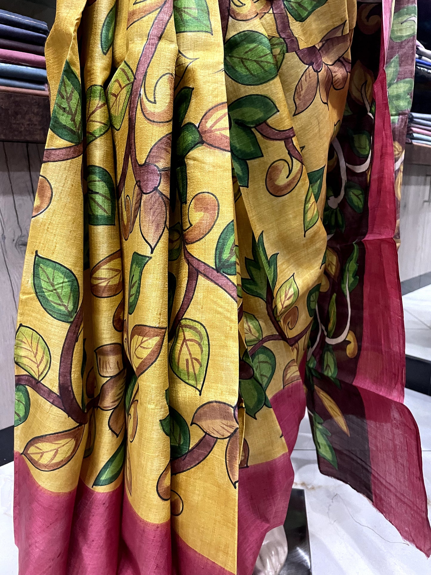 SP24A164 Yellow Rose Pure Block Print Tussar Silk Saree