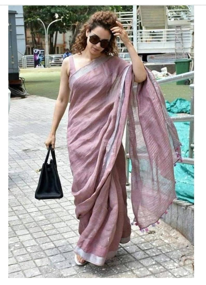 PJDE19B046 Pink Silver Pure Handloom Linen Pure Saree