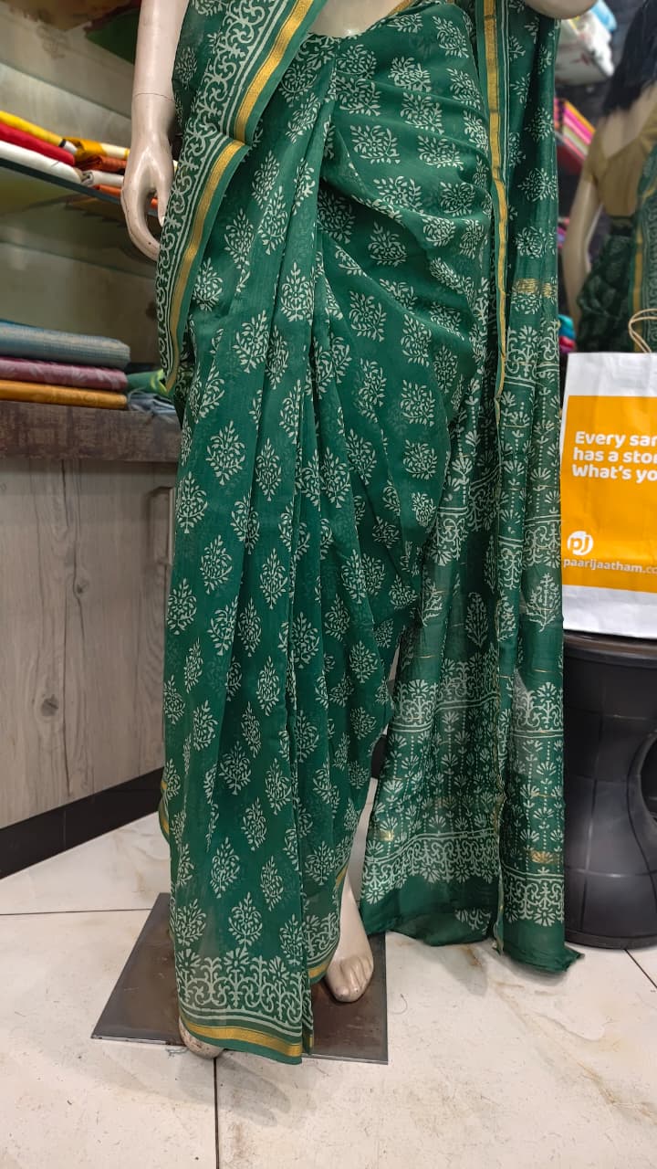 MY26A006 Green Pure Hand Block Printed Chanderi Silk Saree