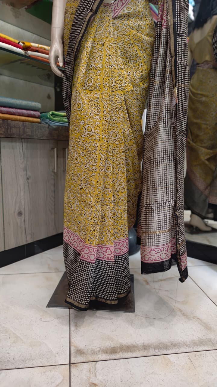 MY26A001 Mustard Yellow Pure Hand Block Printed Chanderi Silk Saree
