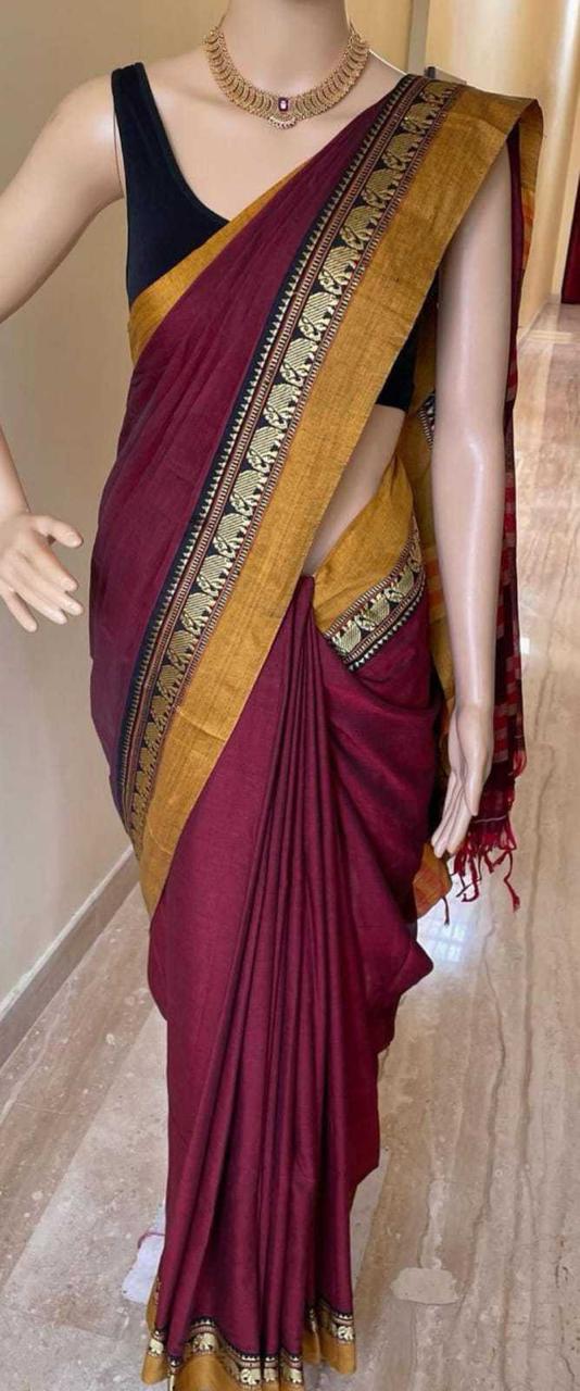 PJJL26A001 Maroon Pure Handloom Narayanpet Cotton Saree