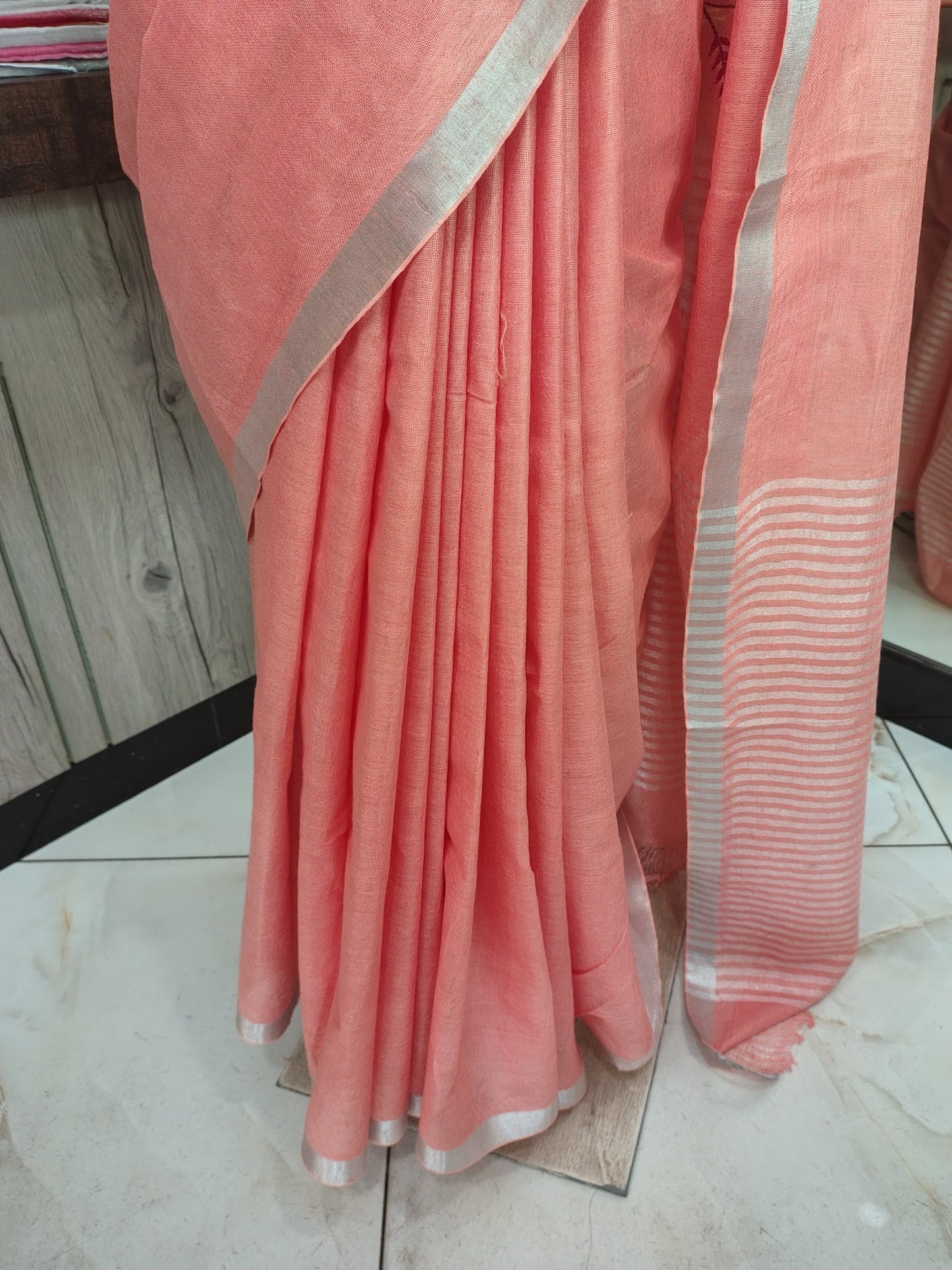 JL26A053 Peach Pink Pure Handloom Linen Embroidered Saree