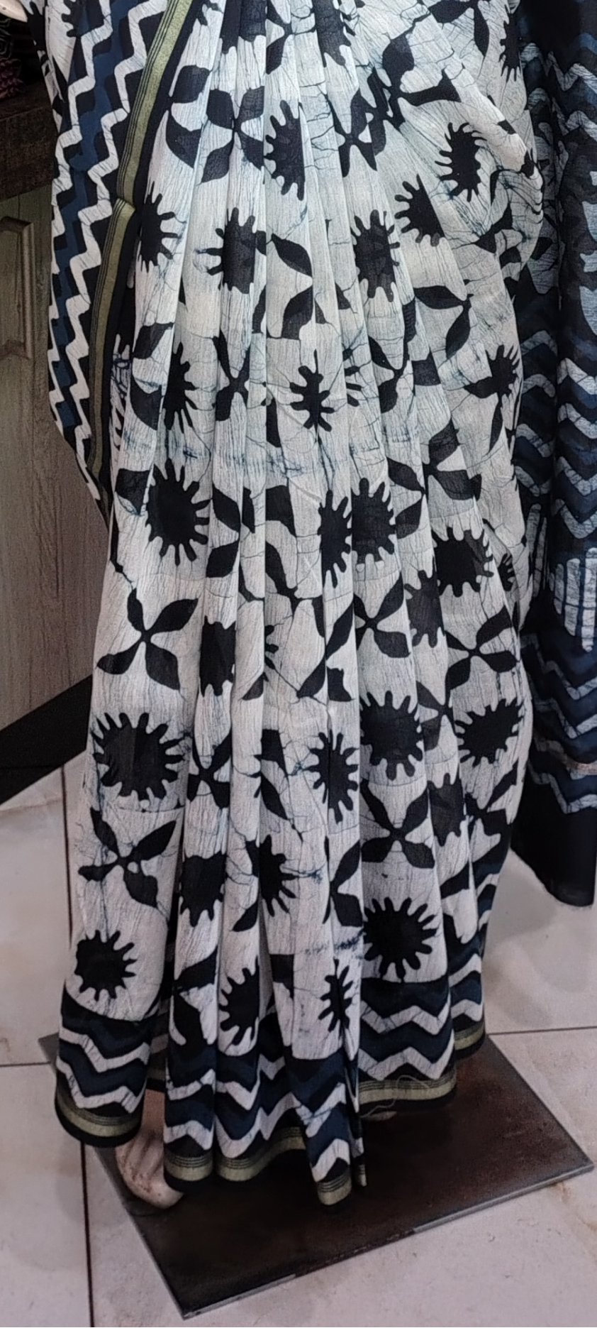 JL26A070 Blue and White Pure Hand Block Printed Chanderi Silk Saree
