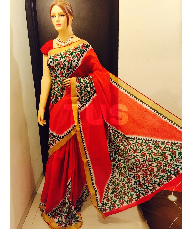 pj-red-black-hand-block-painted-kerala-cotton-saree-kcbadi011