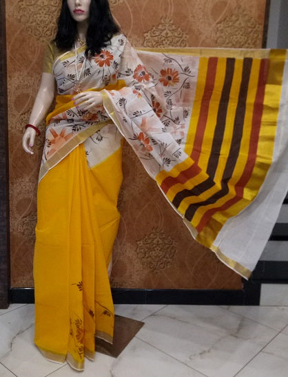 pj-yellow-hand-block-painted-kerala-cotton-saree-kcbadi061