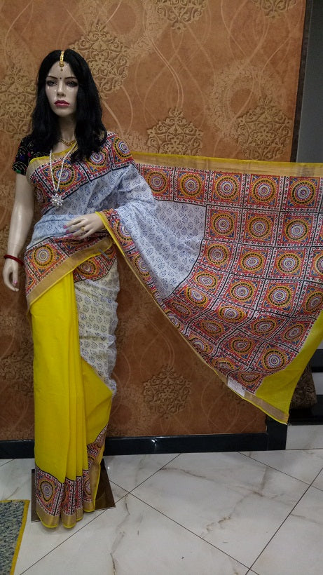 pj-yellow-white-hand-block-painted-kerala-cotton-saree-kcbadi062