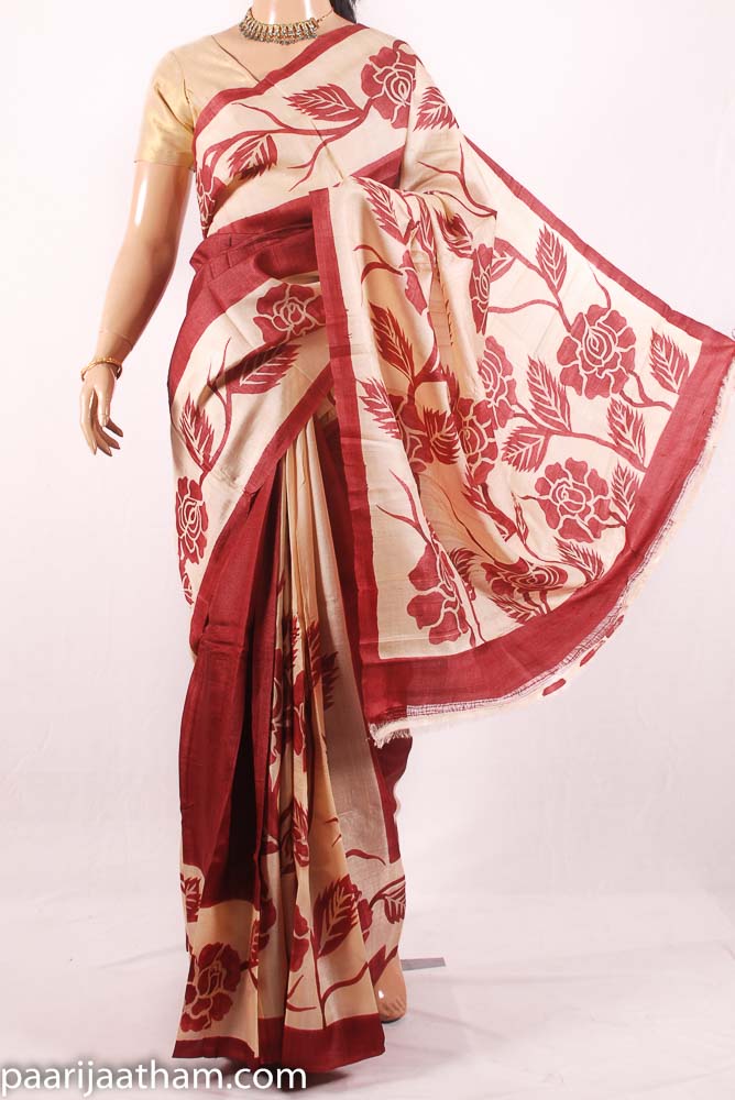 Cream Maroon Floral Hand Painted Tussar Silk Saree JL17A084