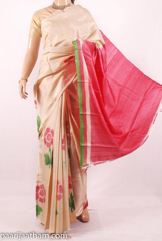 Cream Pink Floral Hand Painted Tussar Silk Saree JL17A083