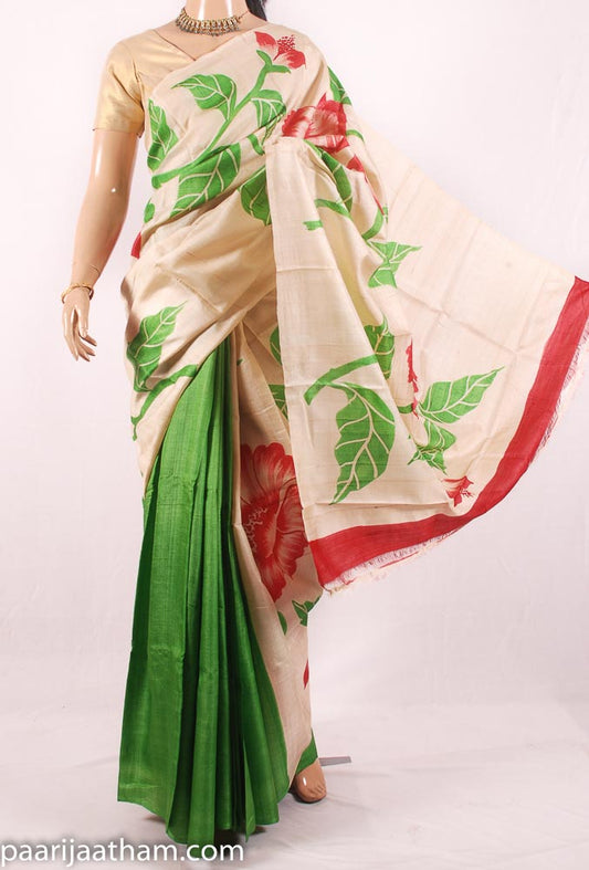 Cream Green Floral Hand Painted Tussar Silk Saree JL17A087