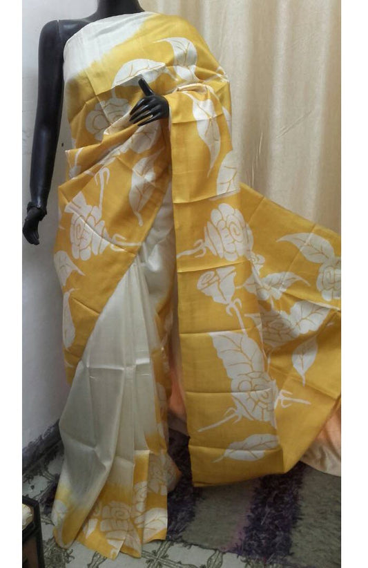Gold Cream Floral Hand Painted Tussar Silk Saree JLHPT02