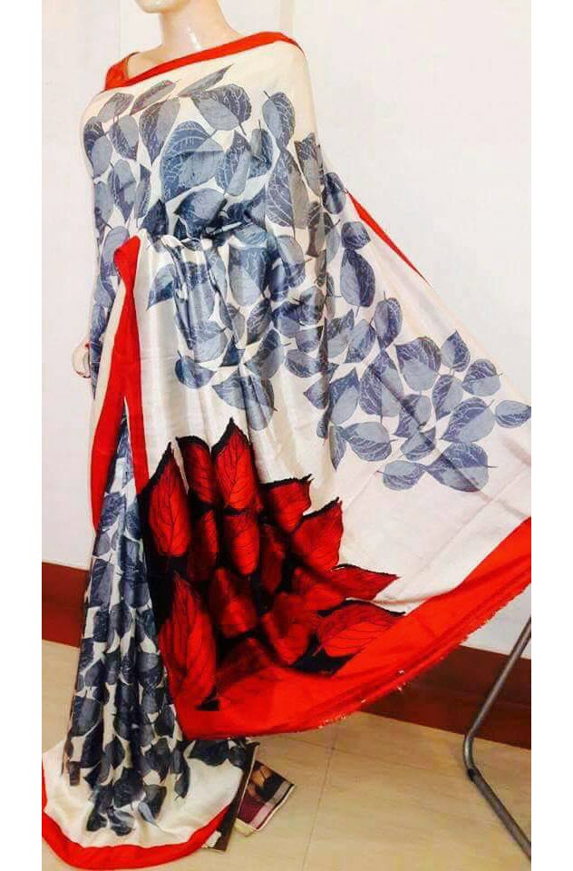 Grey White Floral Hand Painted Tussar Silk Saree JLHPT03