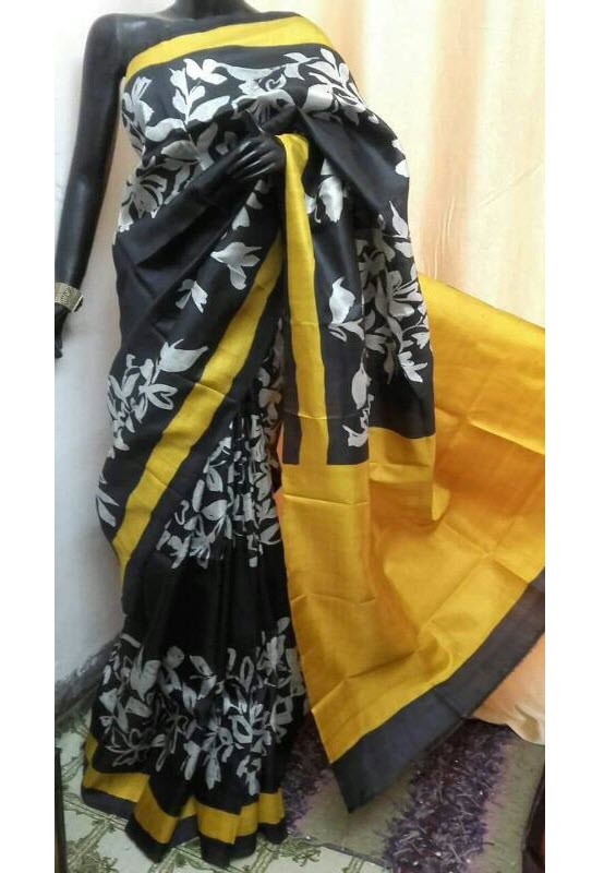 Black Hand Painted Tussar Silk Saree JLHPT10