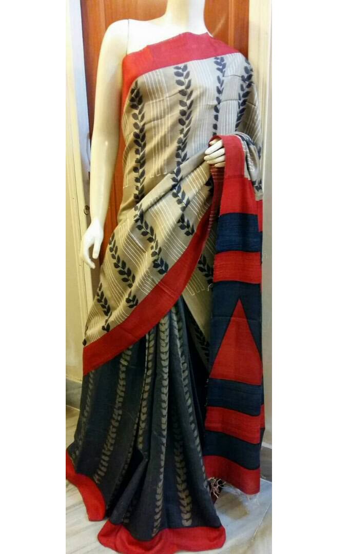 Cream Grey Hand Painted Tussar Silk Saree JLHPT20