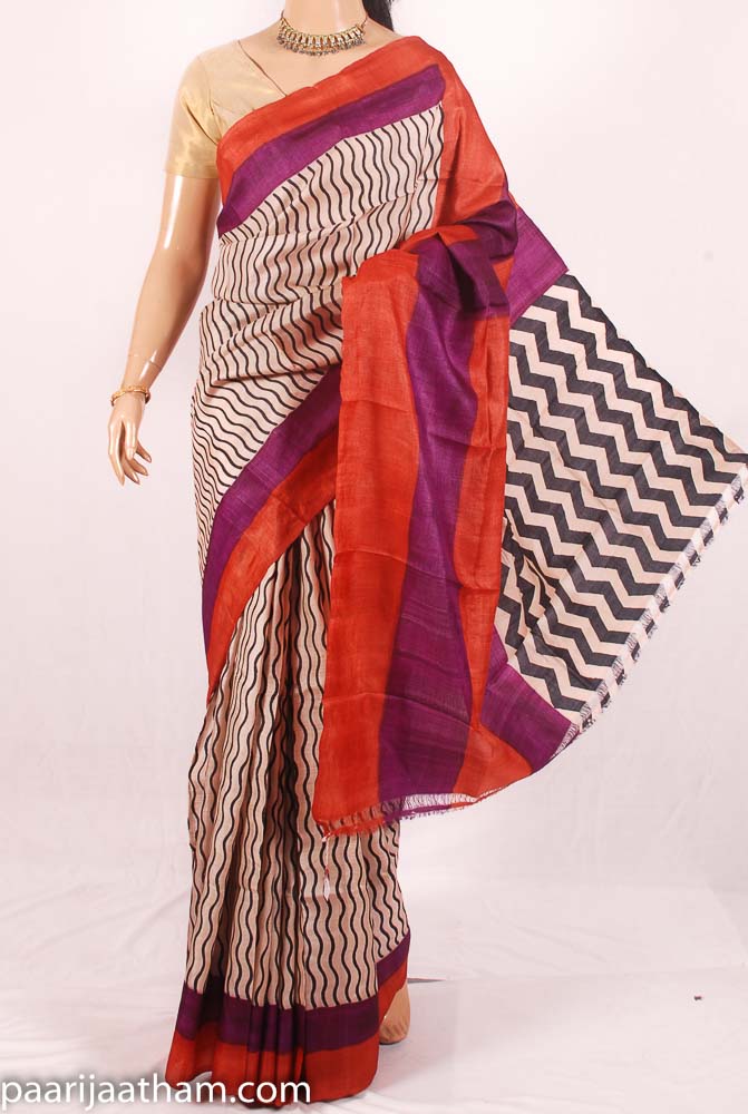 Cream Red Hand Block Painted Tussar Silk Saree JL17A090
