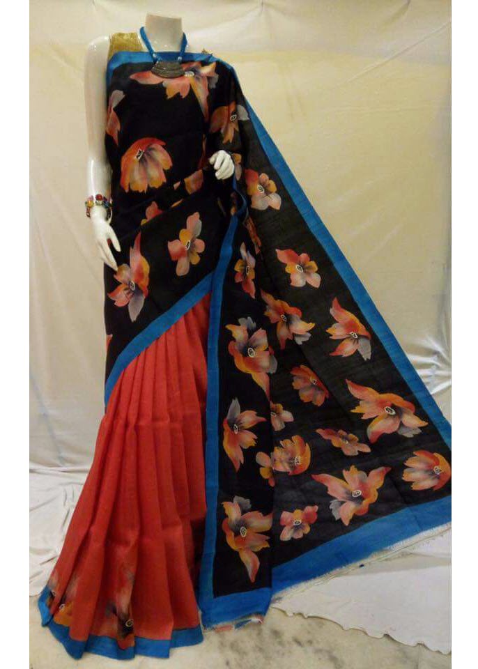PJMTS17D007 Red HandWoven Floral Painted Pure Tussar Silk Saree