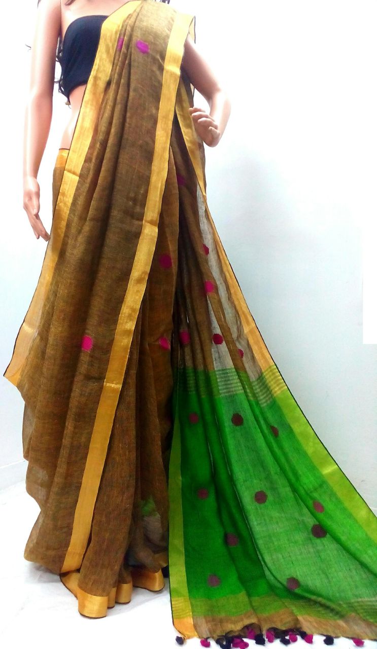 Beige Green Linen Saree