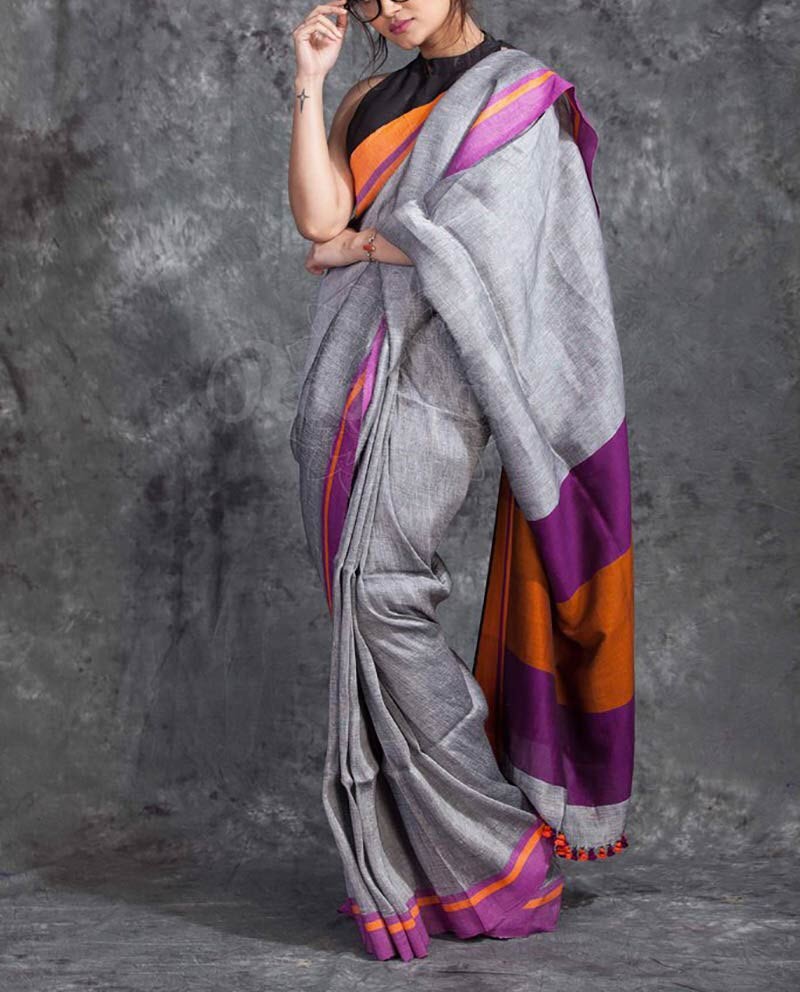 Grey Voilet Bengal cotton Saree