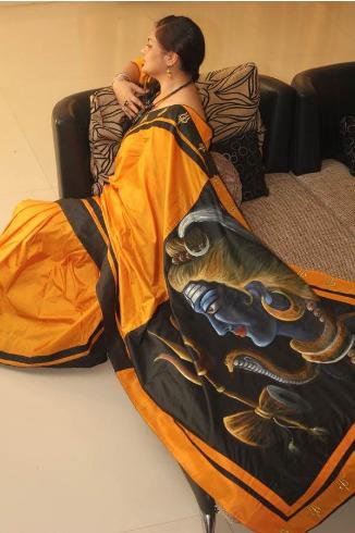 PJFB20A001 Yellow Black Handpainted Murshidabad Tussar Silk Saree