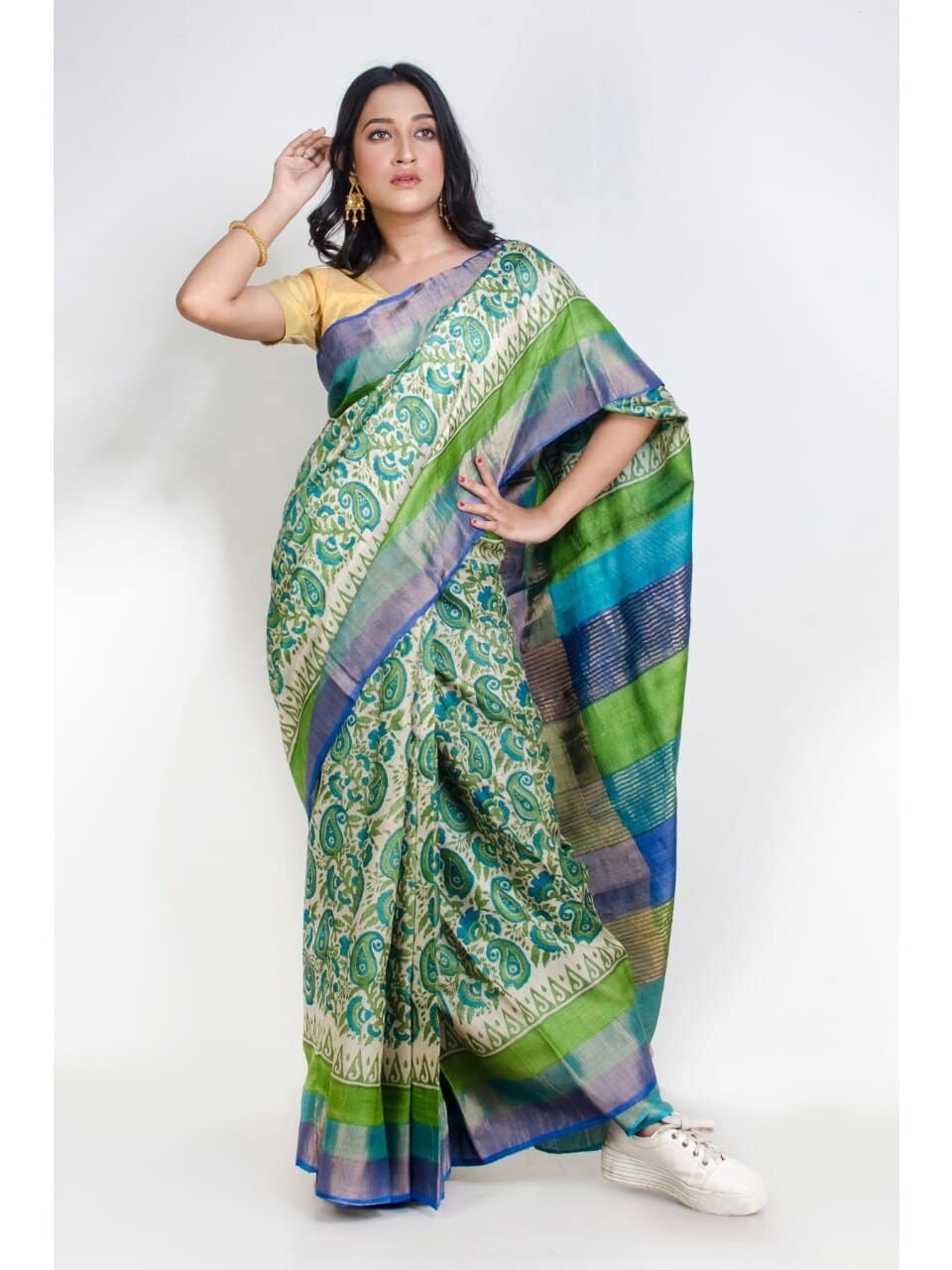 PJMR20A021 Green Blue Block Print Tussar Silk Saree