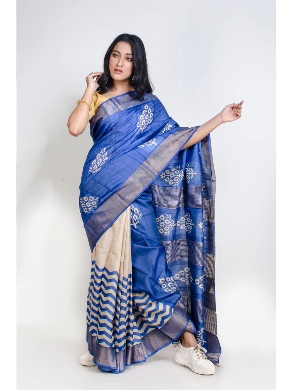 PJMR20A023 Blue White Block Print Tussar Silk Saree