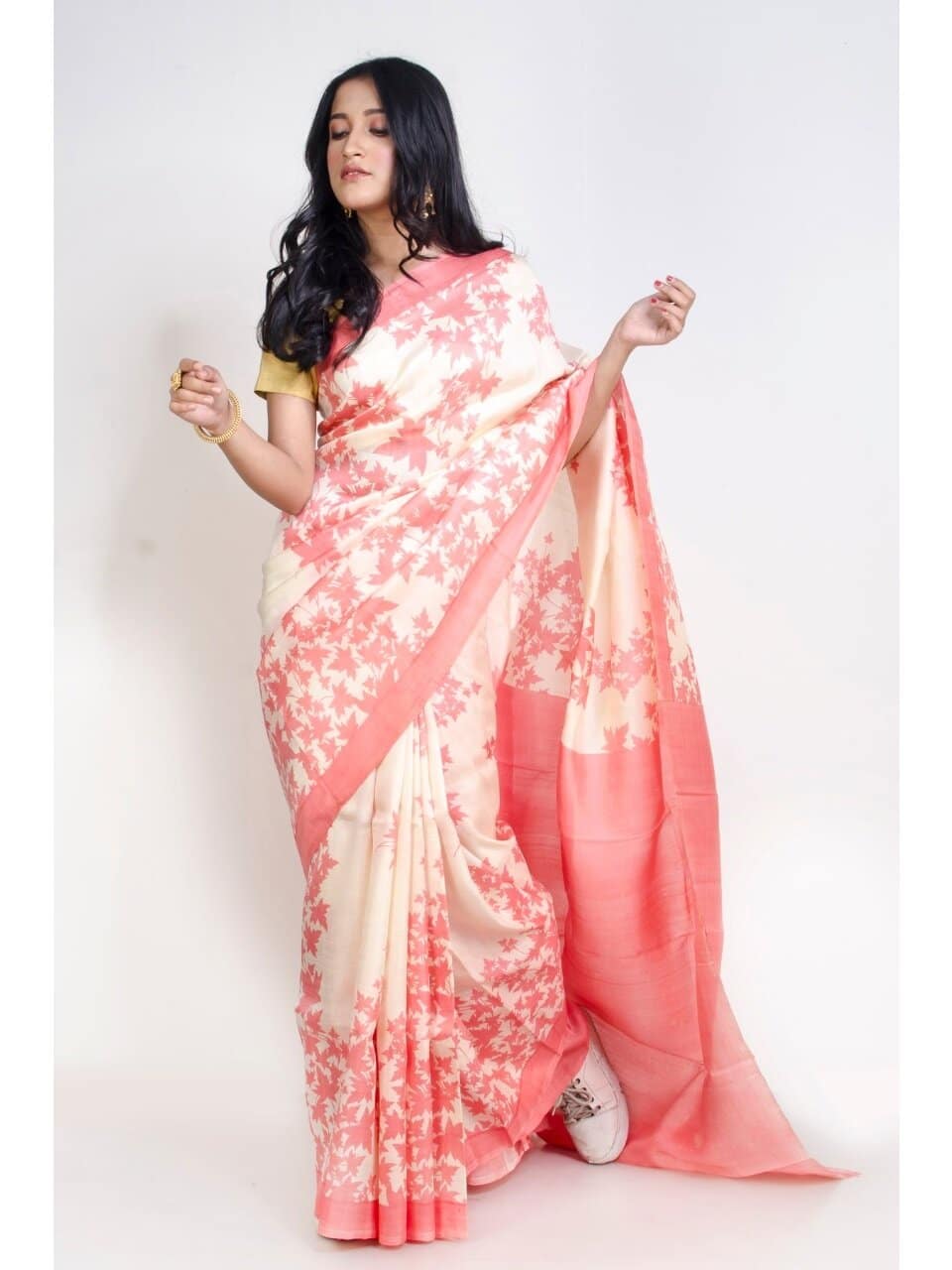 PJMR20A024 Cream Peach Block Print Bishnupuri Silk Saree