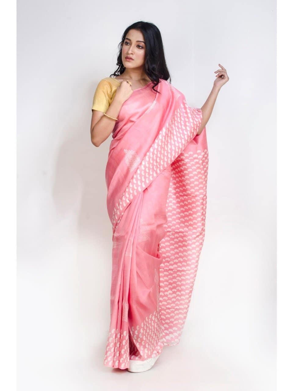 PJMR20A027 Peach White Block Print Bishnupuri Silk Saree