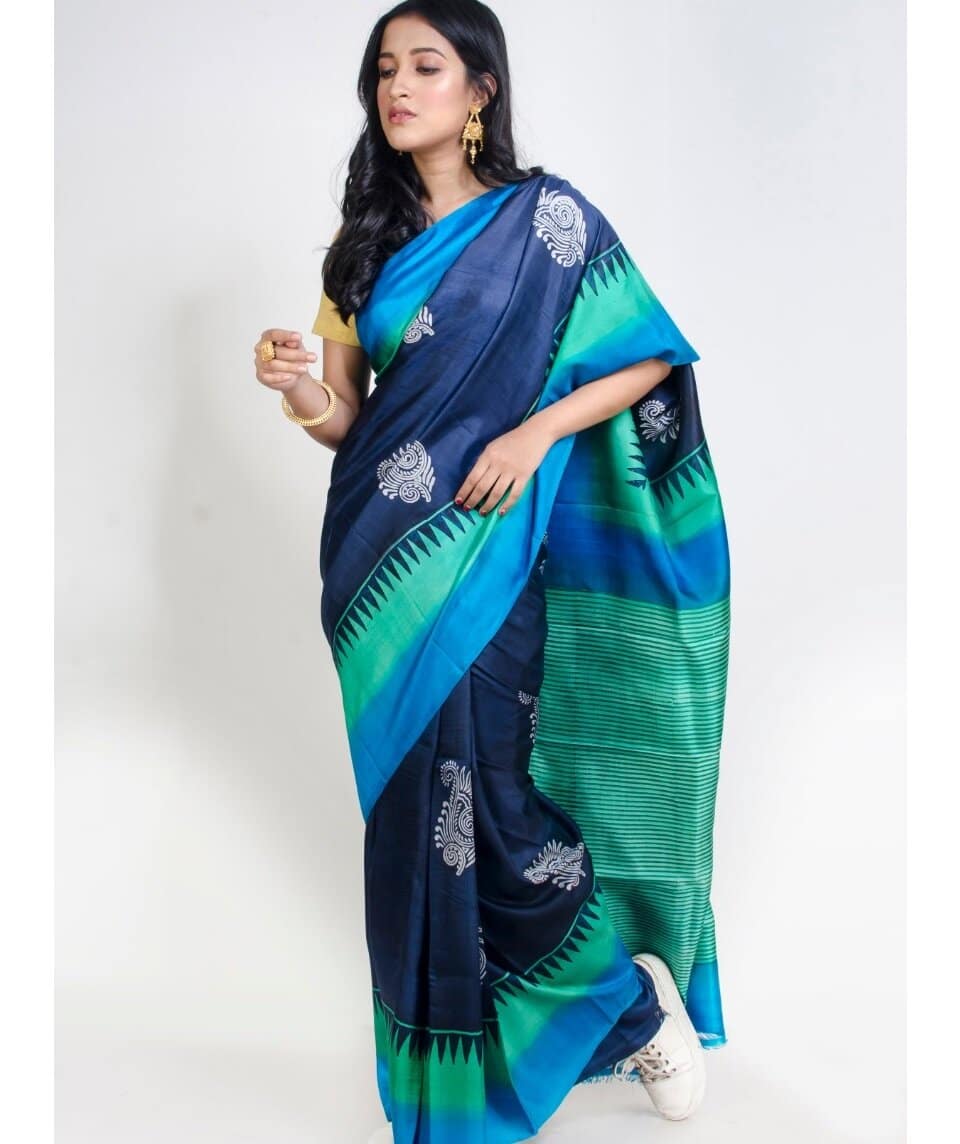 PJMR20A028 Blue Green Block Print Bishnupuri Silk Saree