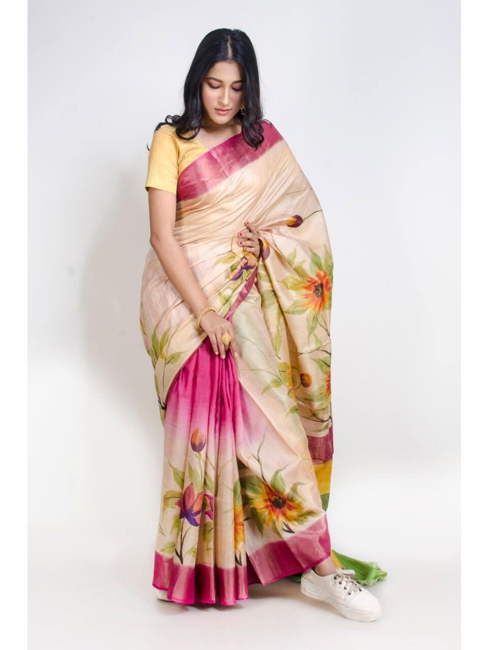 PJMR20A030 Cream Yellow Hand Painted Tussar Silk Saree