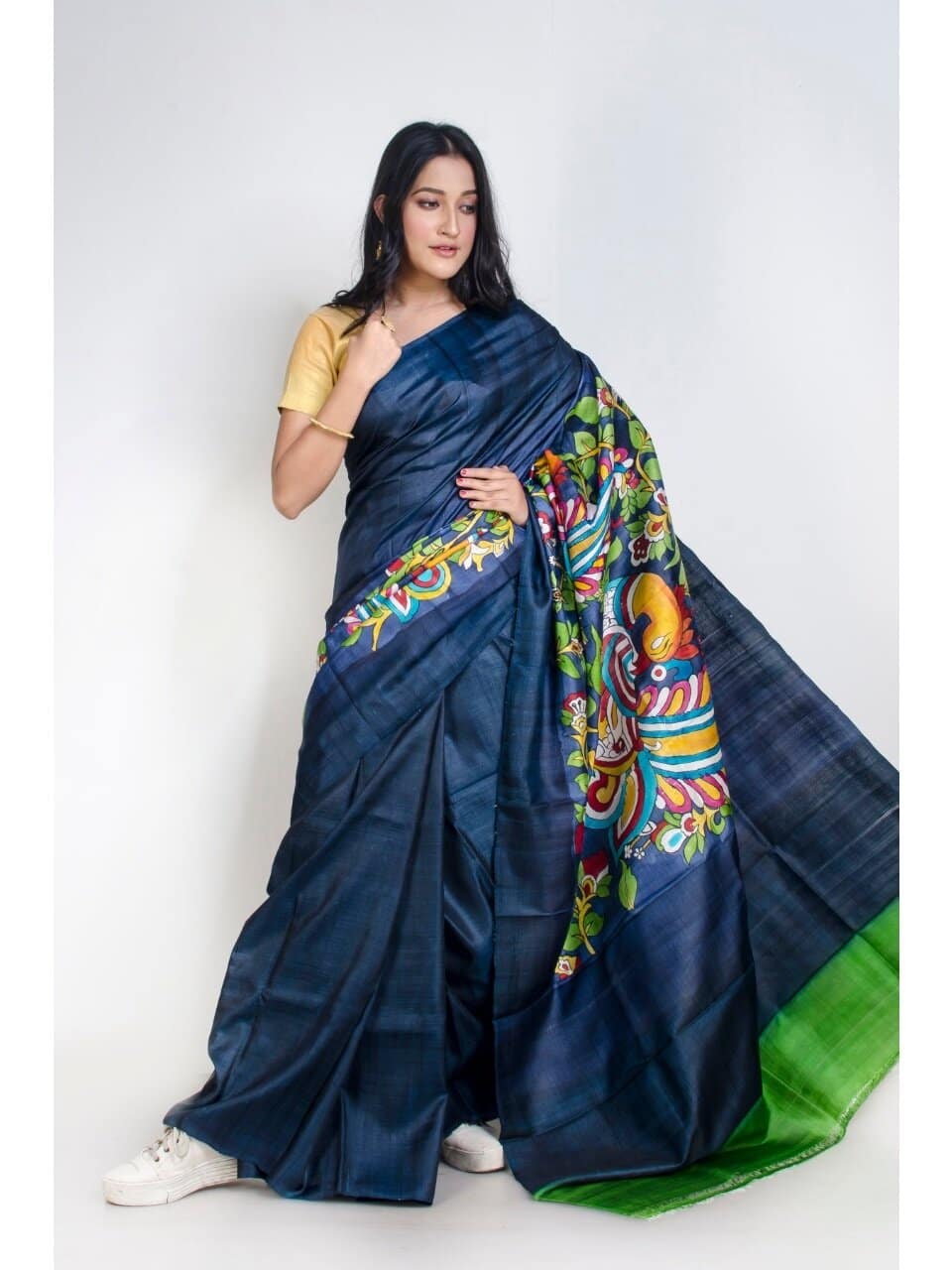 PJMR20A031 NavyBlue Green Hand Paint Bishnupuri Silk Saree