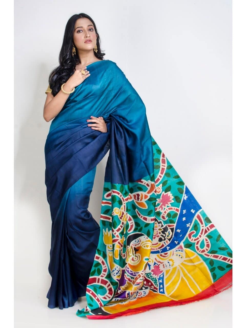 PJMR20A032 Blue Yellow Hand Paint Bishnupuri Silk Saree