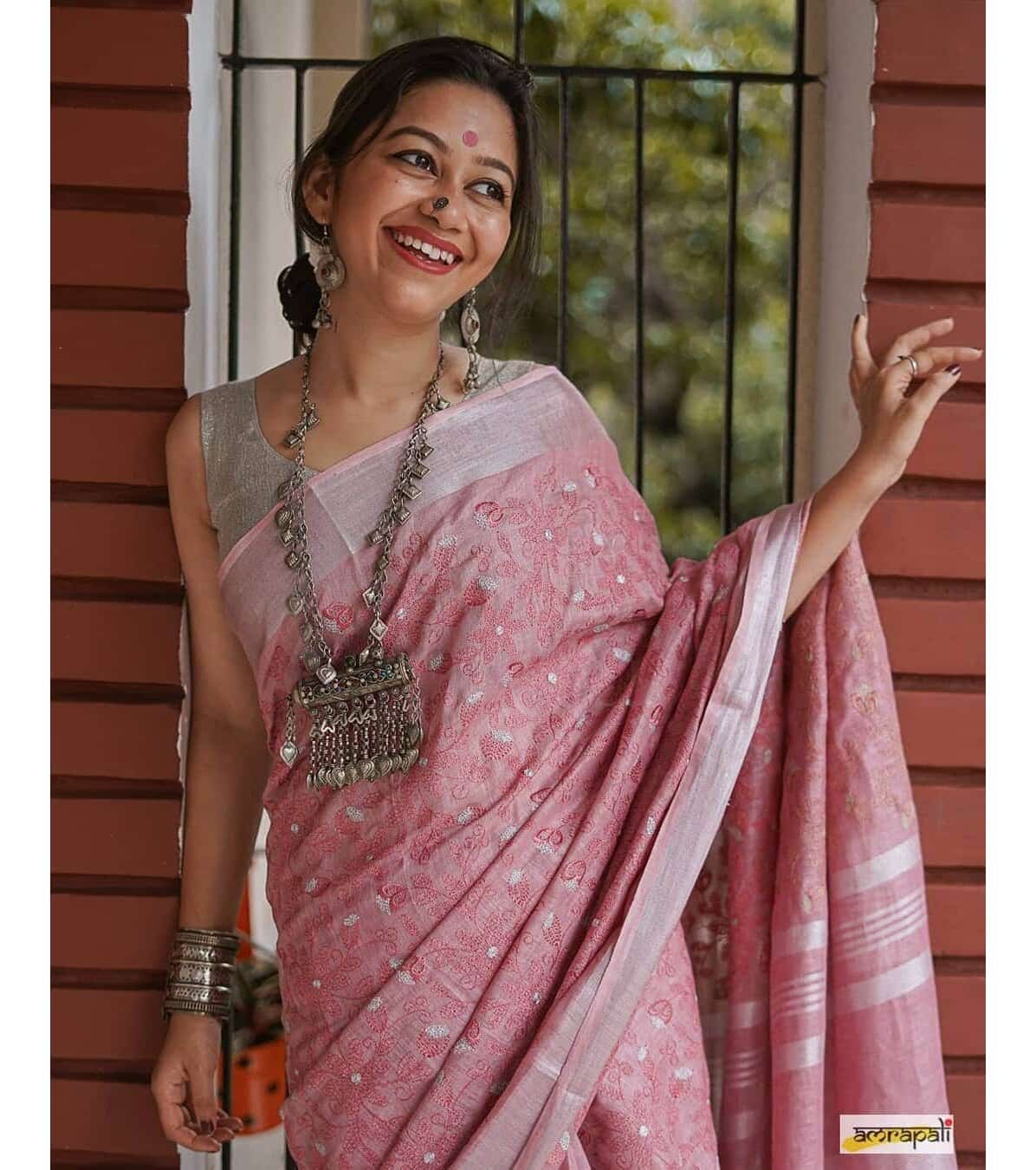 Pink Silver Linen Saree