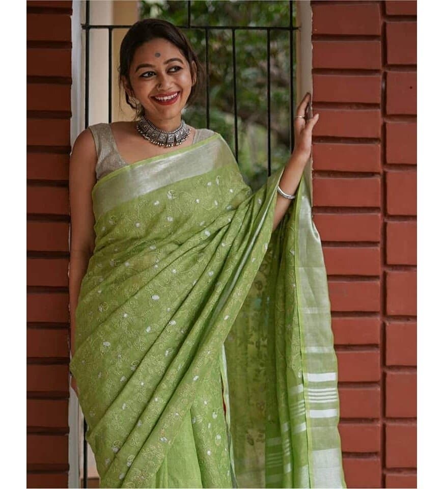 Green Silver Linen Saree