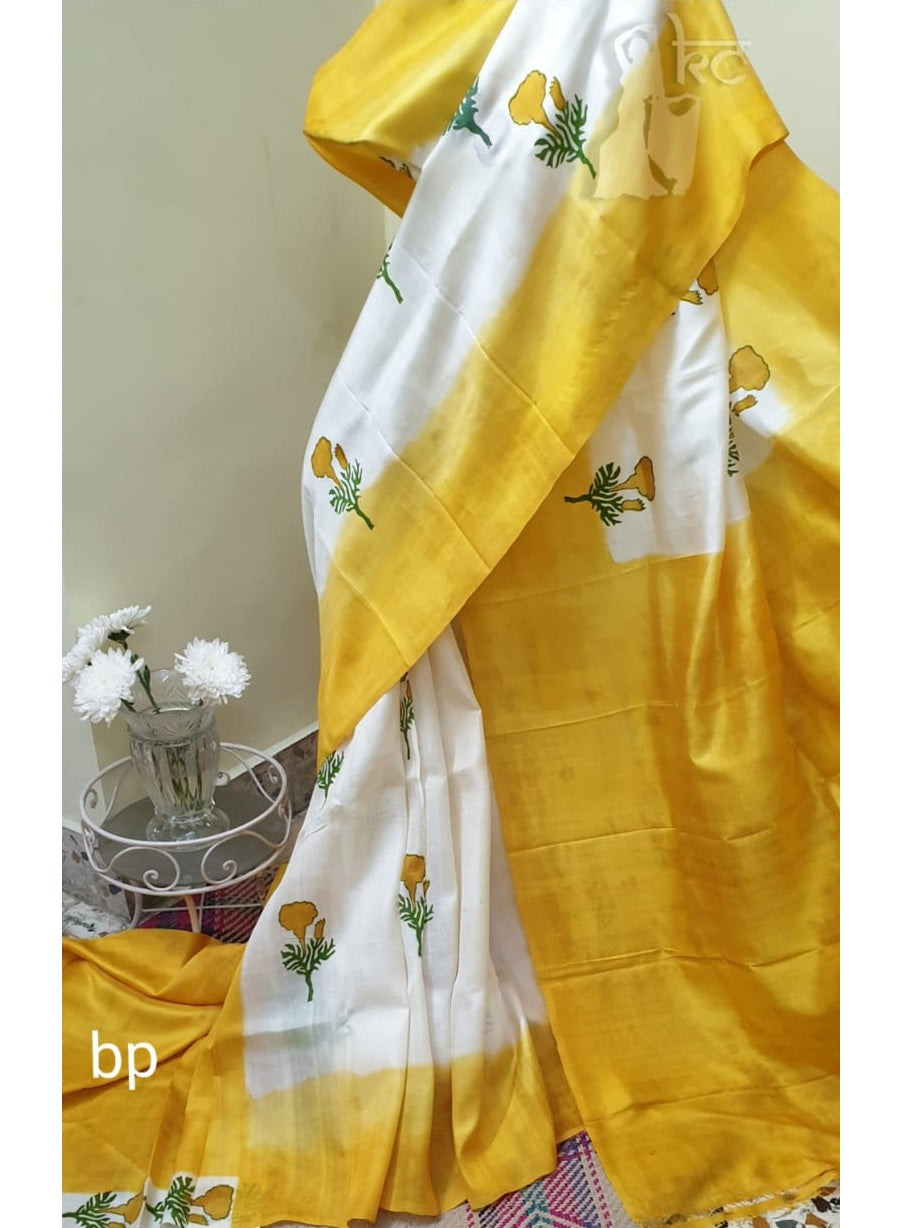 White Yellow Bishnupuri Silk Saree