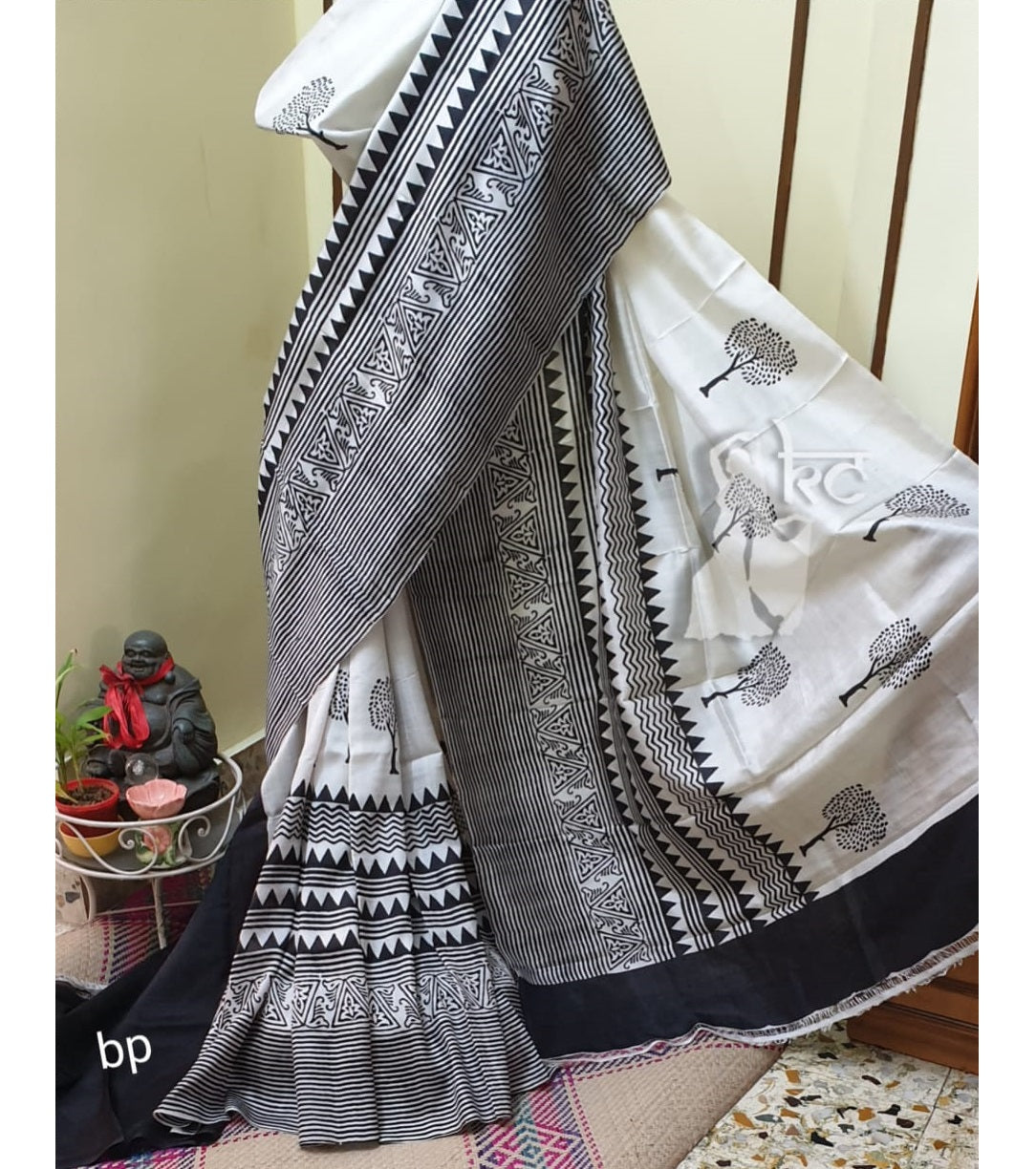 PJDE20A037 Black White Hand Painted Pure Bishnupuri Silk Saree