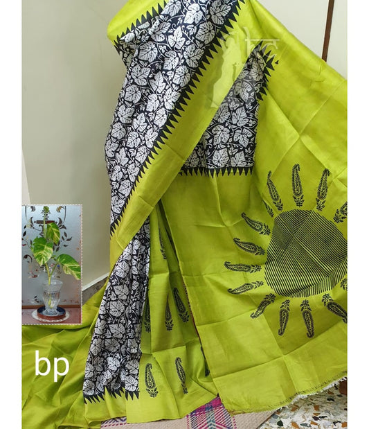 PJDE20A042 Black Green Hand Painted Pure Bishnupuri Silk Saree